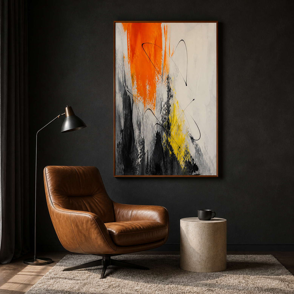 Expressive orange abstract art displayed in a dark charcoal reading room.