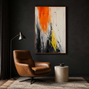 Expressive orange abstract art displayed in a dark charcoal reading room.