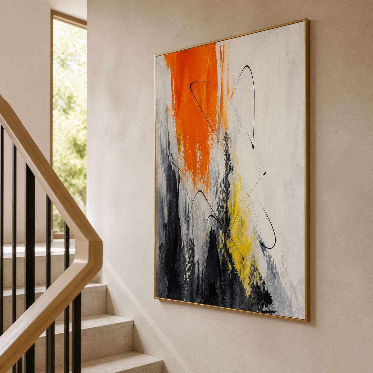Vertical orange artwork displayed beside a warm modern stairway.
