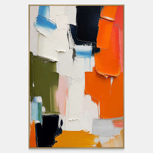 Hand-painted vertical abstract canvas in orange, navy, olive, and ivory.
