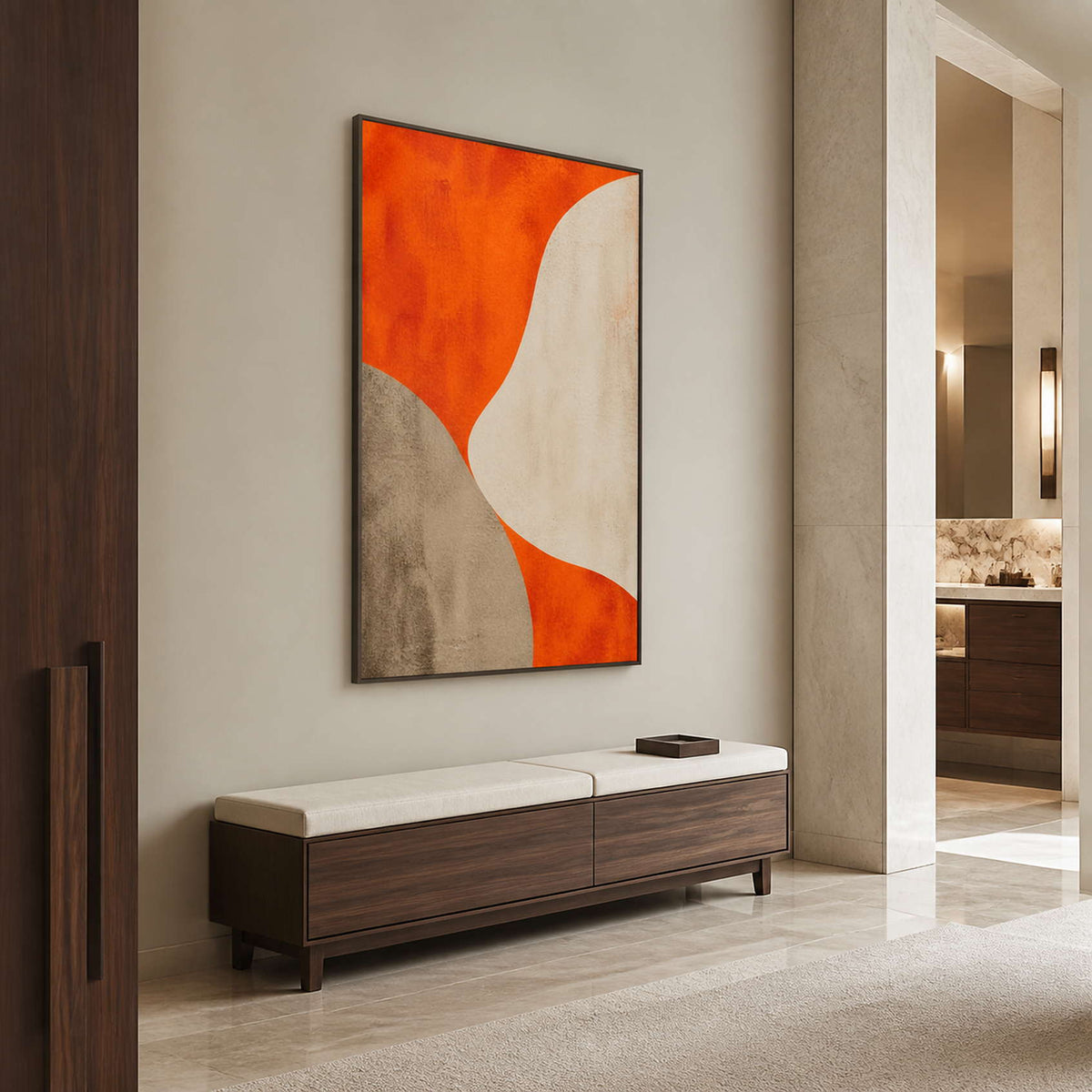 Orange Curves Hold the Center in a black-framed dry bathroom