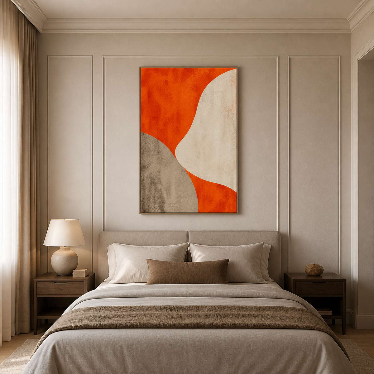 Orange Curves Hold the Center in a wood-framed bedroom