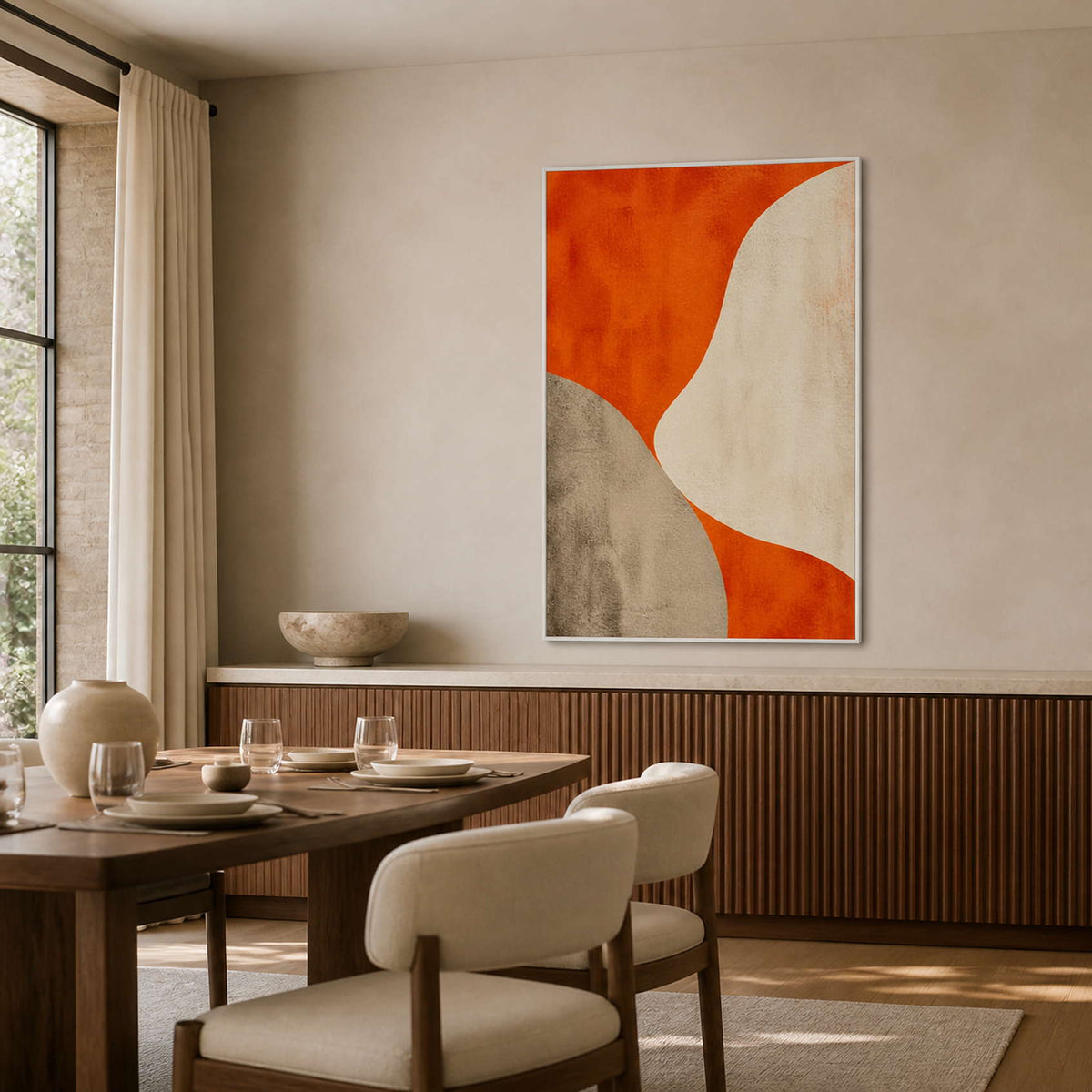 Orange Curves Hold the Center in a white-framed dining room