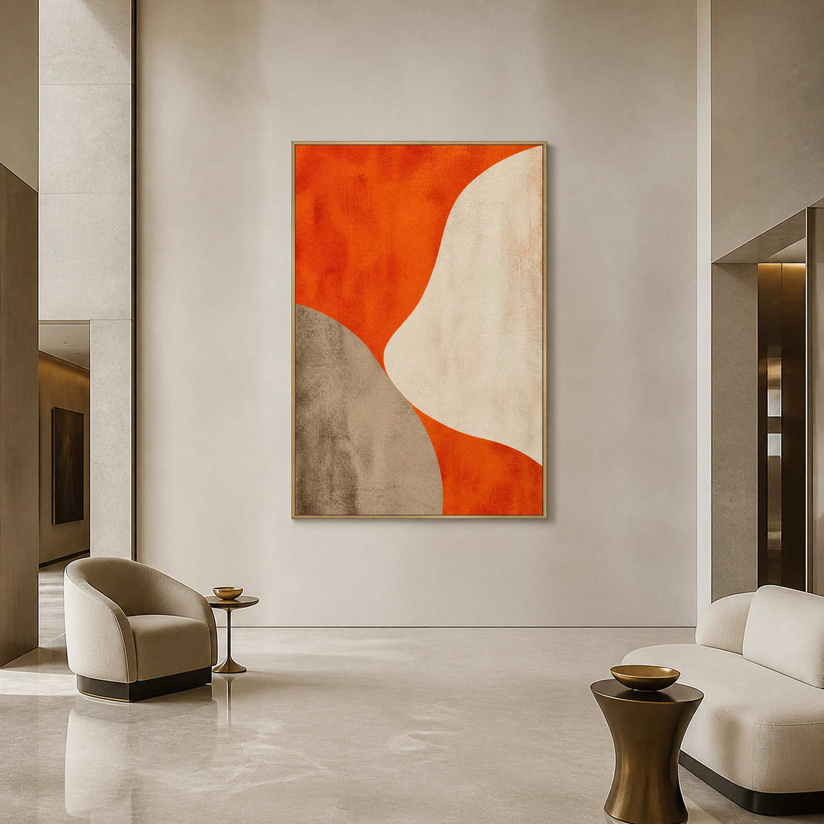 Orange Curves Hold the Center in a gold-framed lobby