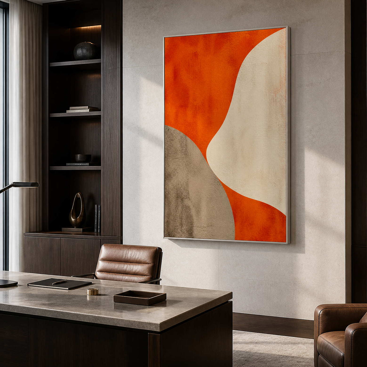 Orange Curves Hold the Center in a silver-framed executive office