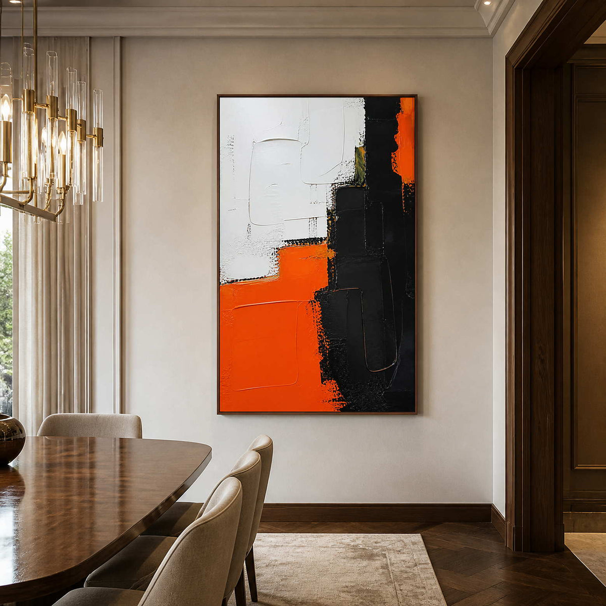 Textured geometric abstract art brings contrast to an elegant dining room.