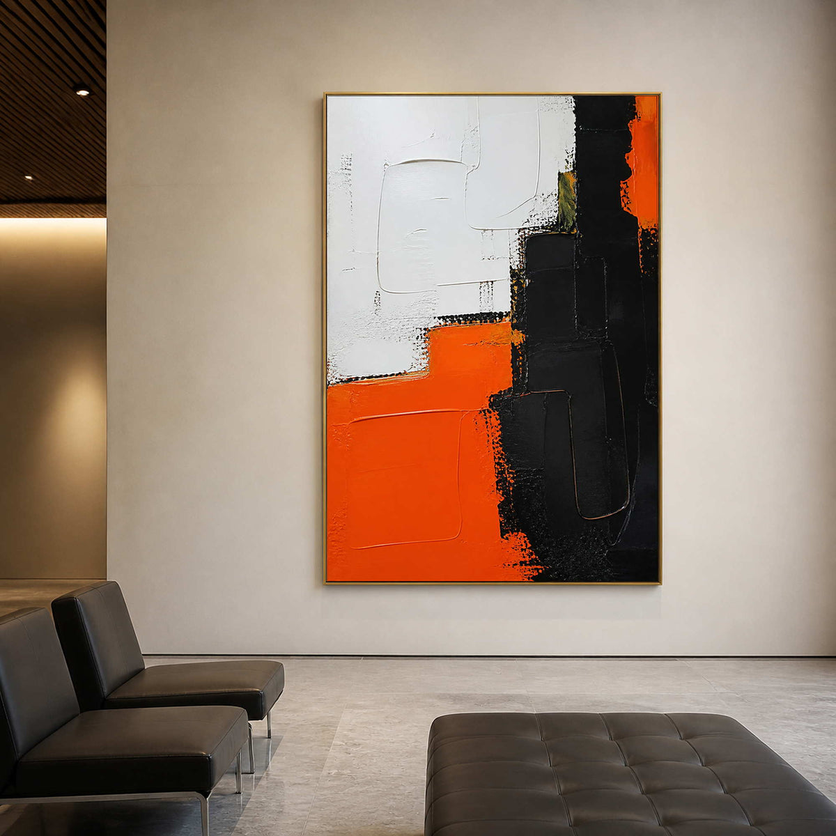 Textured orange and black canvas in a modern gallery lounge.
