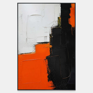 Hand-painted vertical abstract canvas with orange, black, ivory, and olive geometric relief.