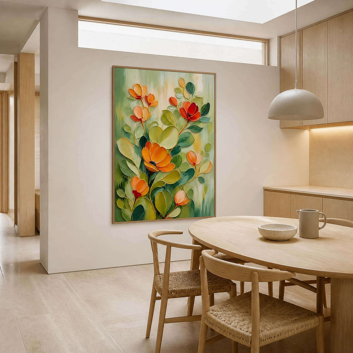 Orange floral wall art in a sunlit light-wood dining room.