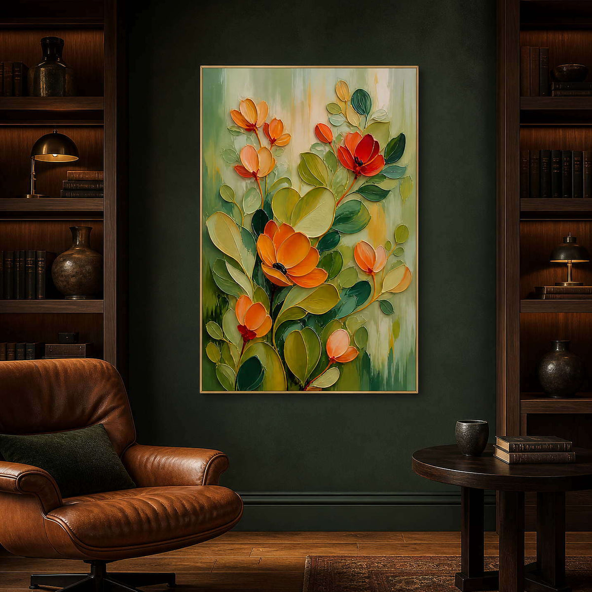 Textured orange blooms in a dark green reading room.