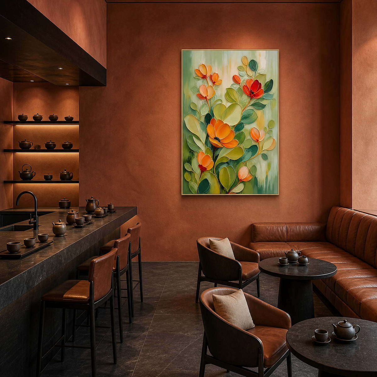 Warm floral artwork in a sophisticated boutique tea lounge.