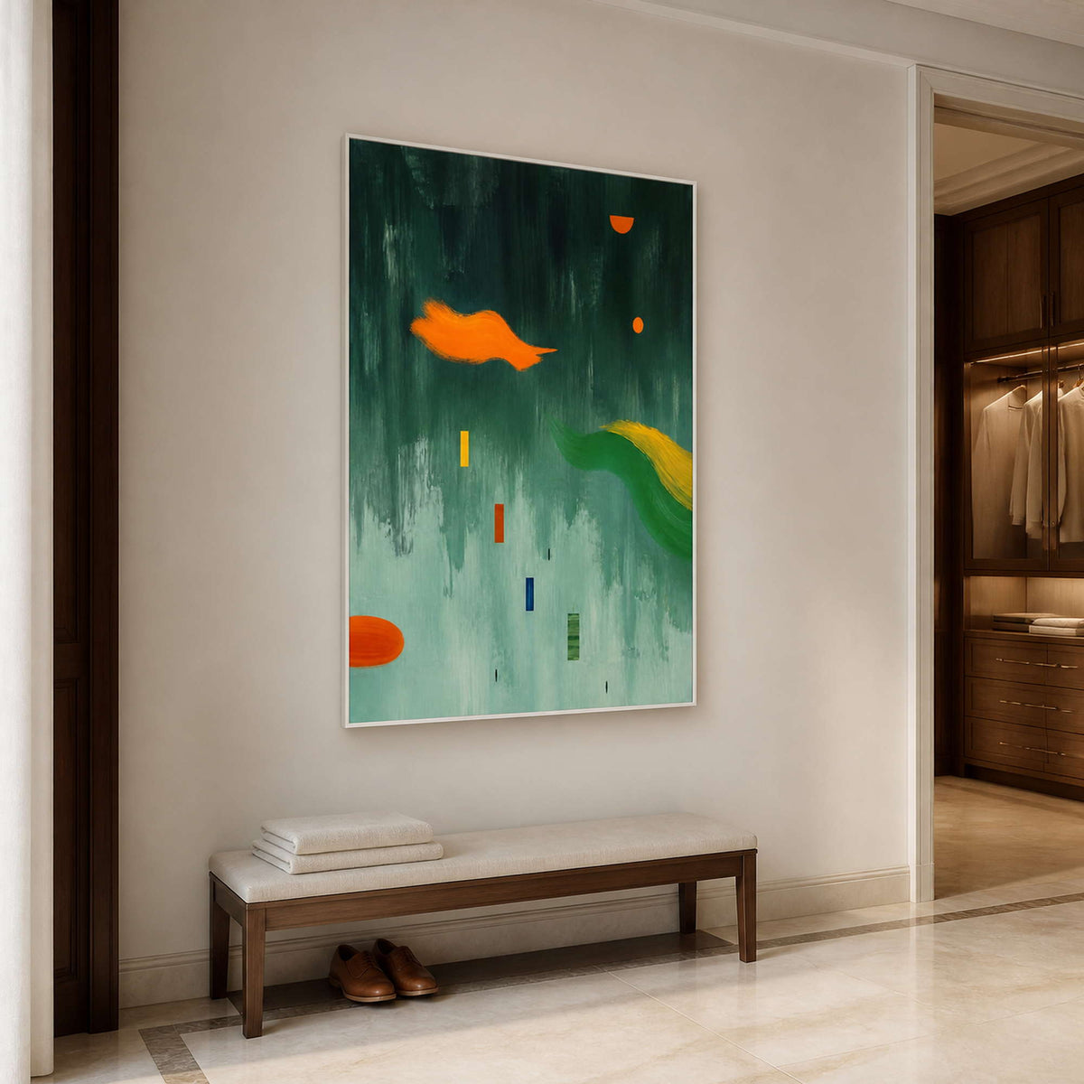 Orange Shapes Drift Through Green in a bright dry bathroom