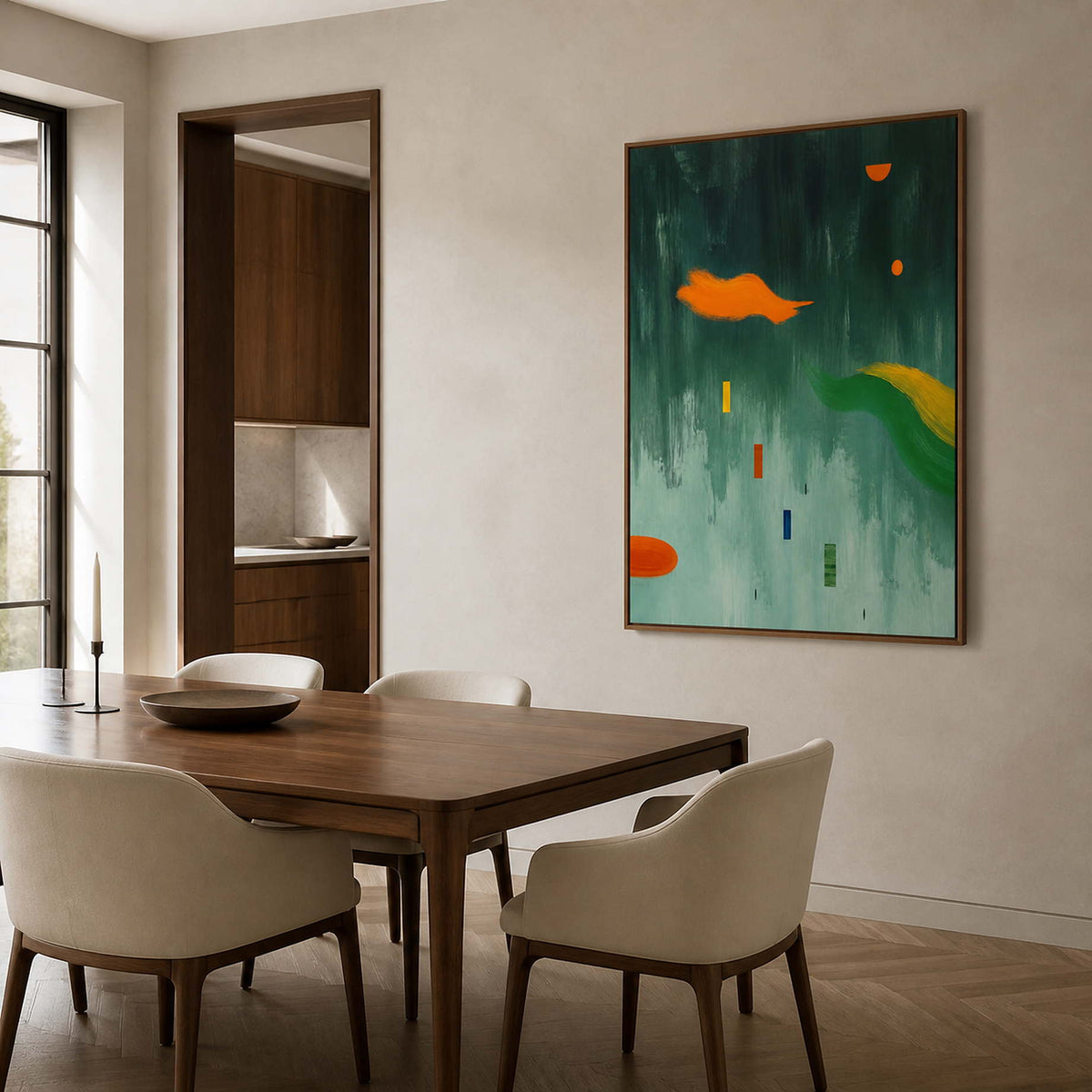 Orange Shapes Drift Through Green in a wood-framed dining room
