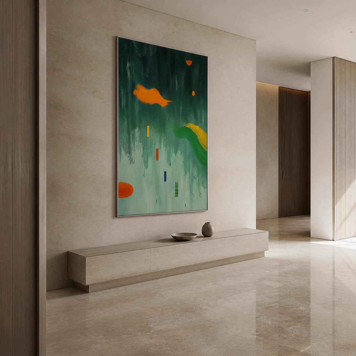 Orange Shapes Drift Through Green in a silver-framed entryway