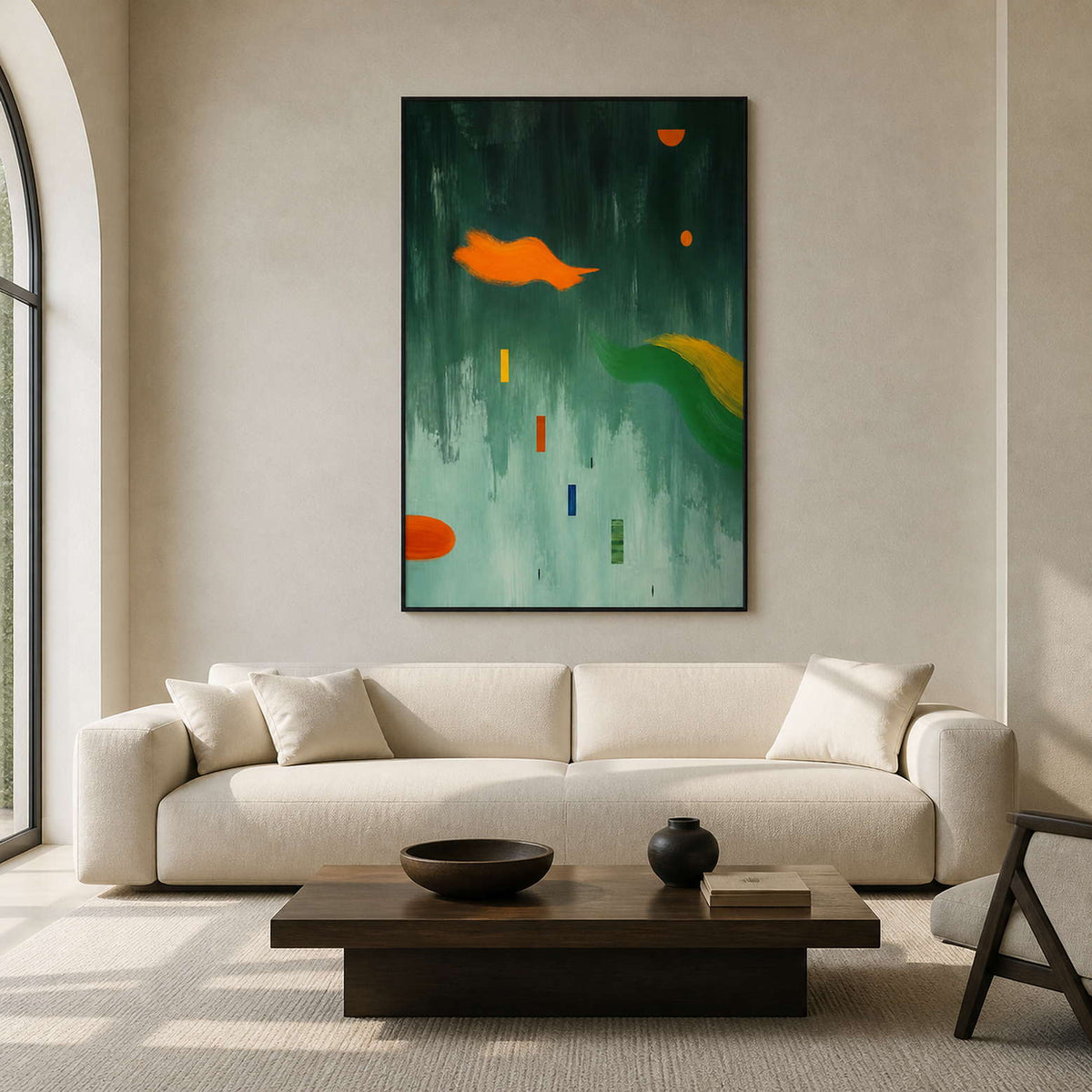 Orange Shapes Drift Through Green in a modern living room
