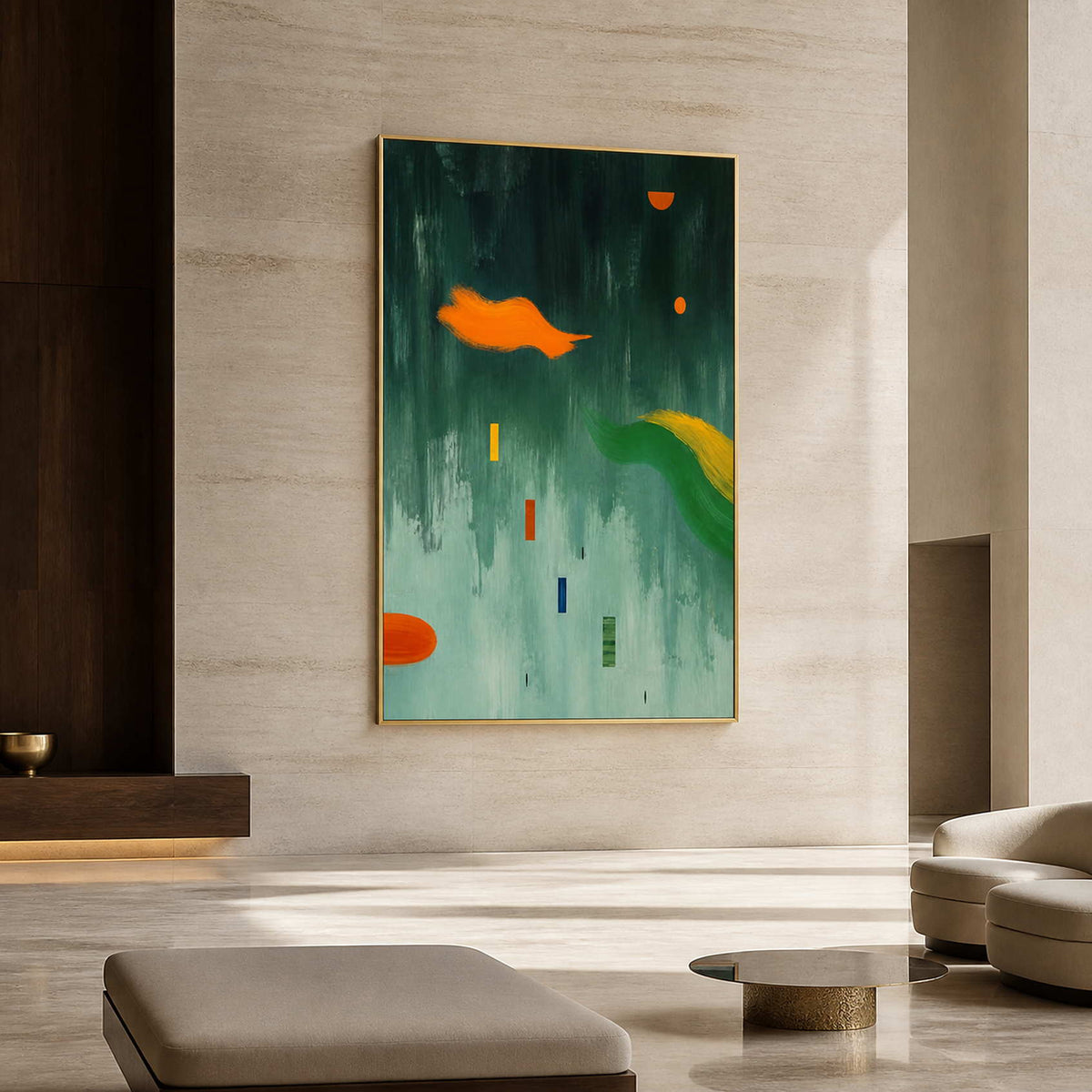 Orange Shapes Drift Through Green in a gold-framed lobby