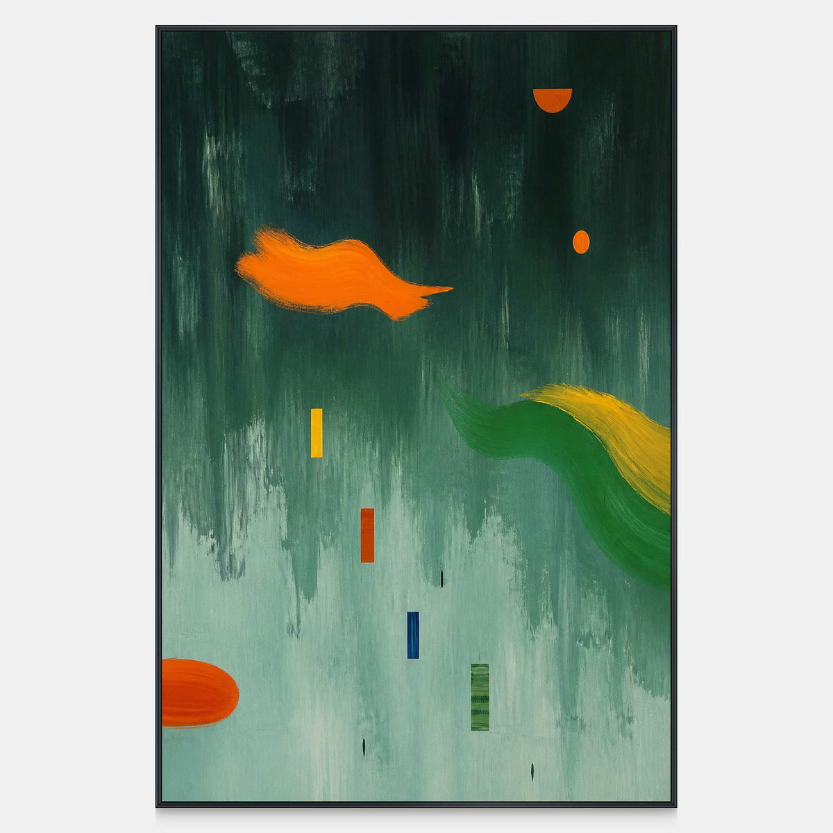 Orange Shapes Drift Through Green modern abstract wall art