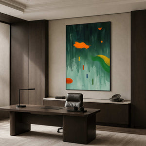 Orange Shapes Drift Through Green in a dark executive office