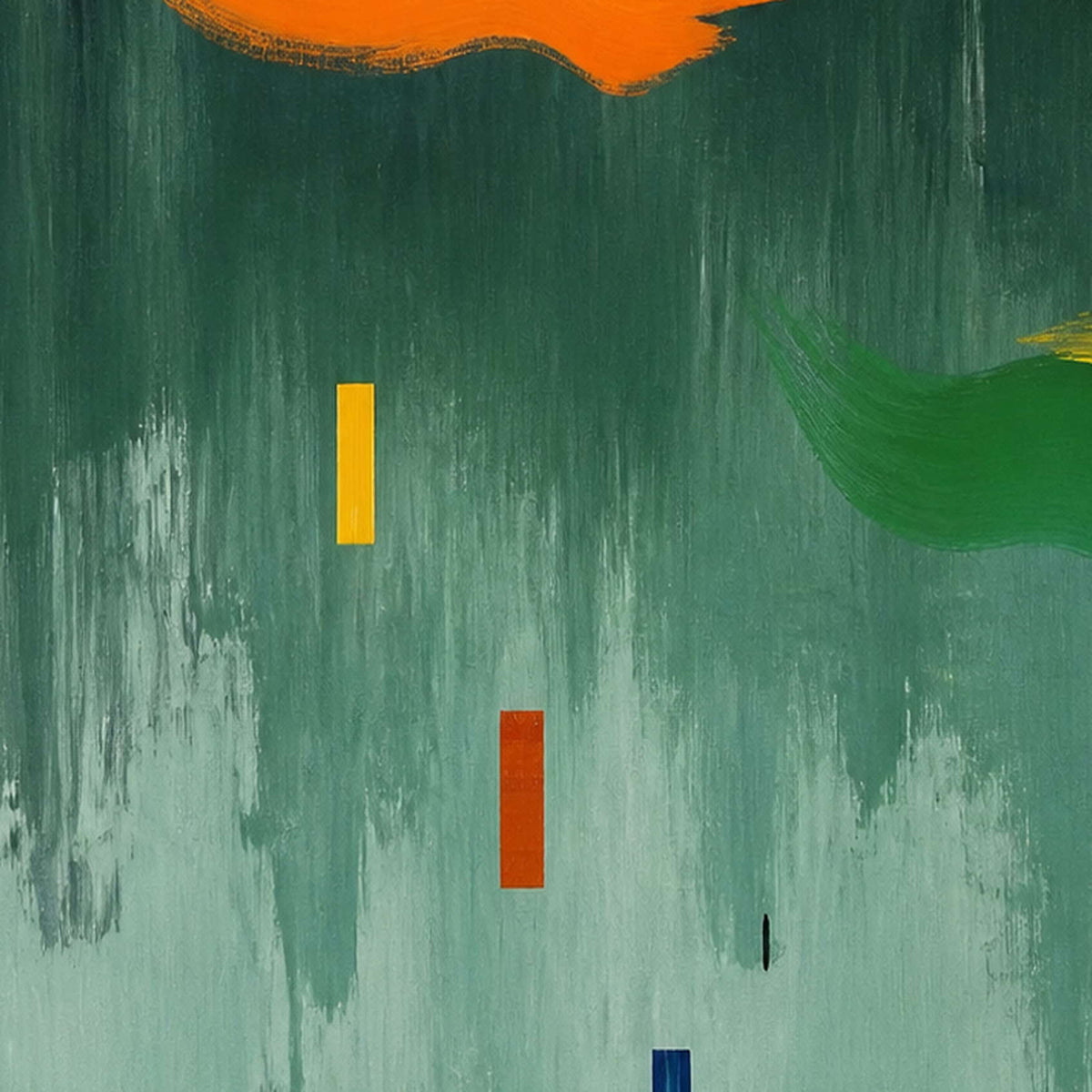 Close detail of orange forms and layered green brushed texture
