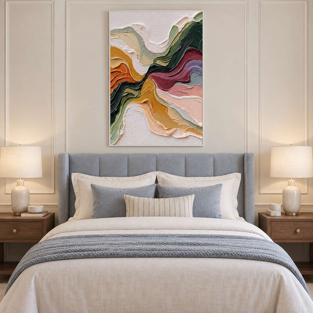 Colorful converging curves above a blue-gray upholstered headboard and matching bedding.