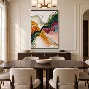 Vertical abstract painting above a dark wood sideboard behind an oval dining table.