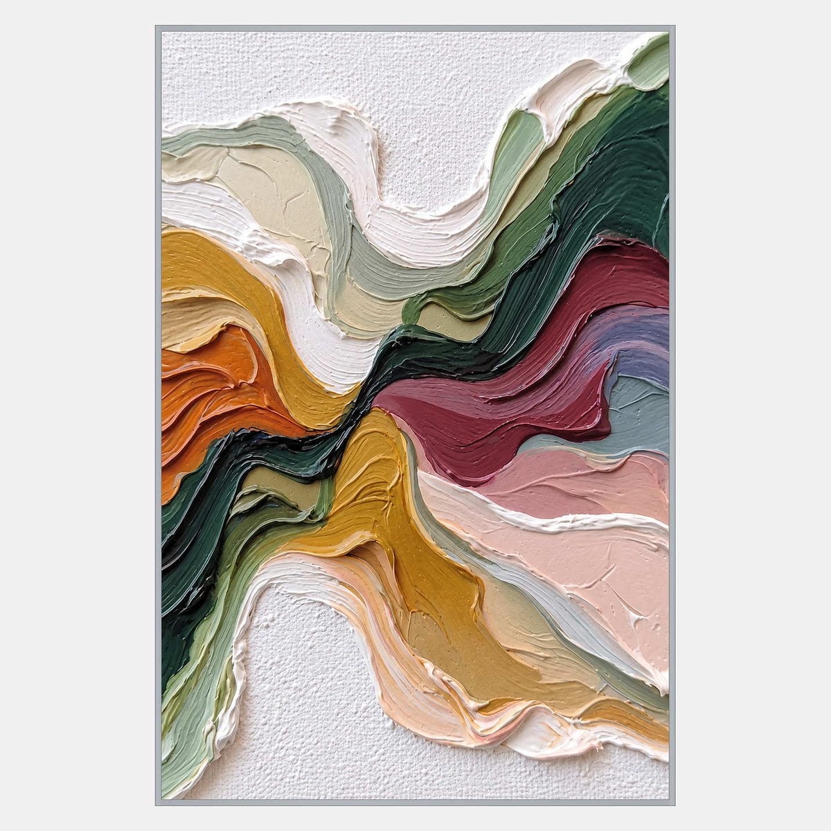 Vertical abstract with green, burgundy, ochre, and pink curves converging near the center between textured white openings.