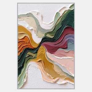 Vertical abstract with green, burgundy, ochre, and pink curves converging near the center between textured white openings.