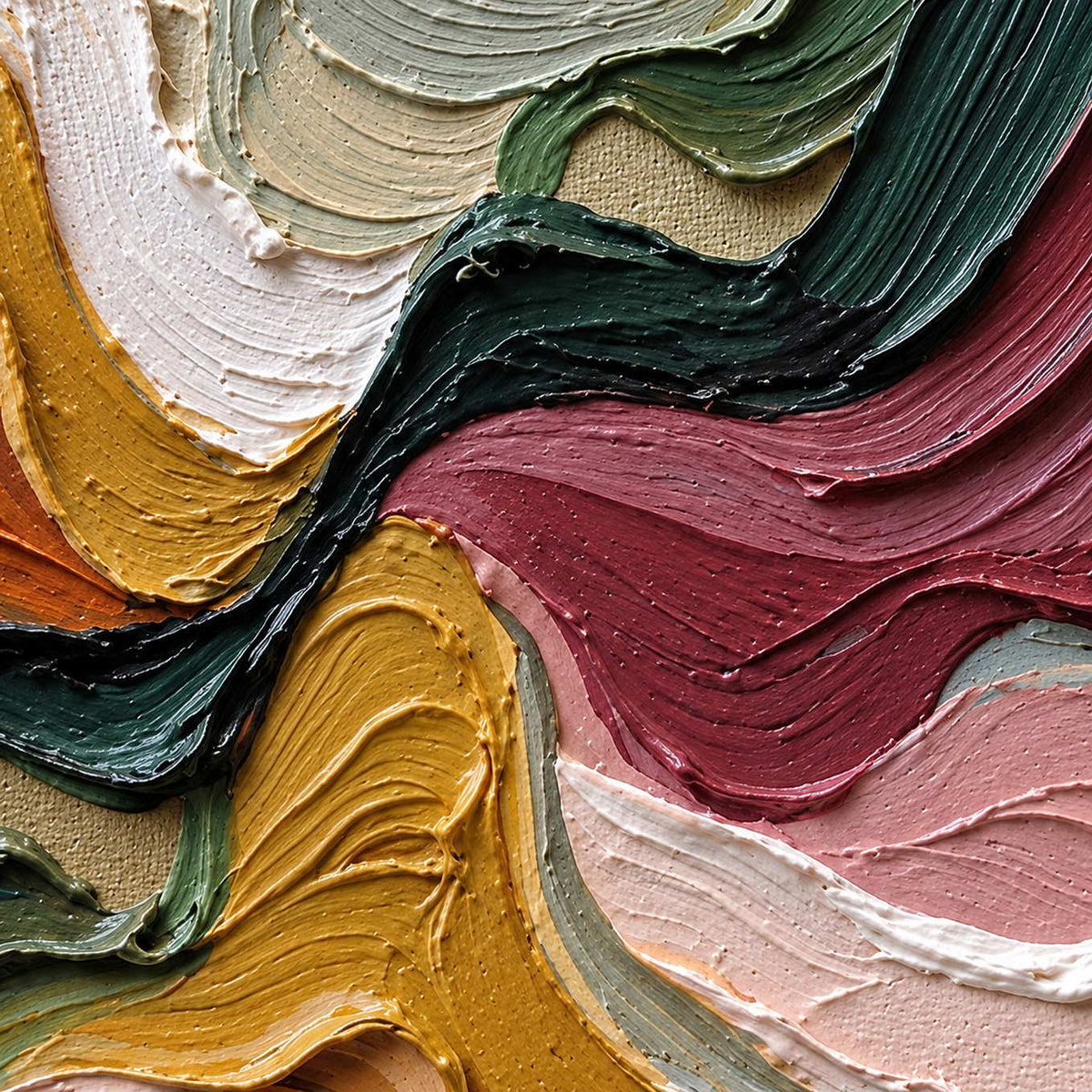 Close-up of green, ochre, burgundy, and pink ridges pinching together at the central meeting point.
