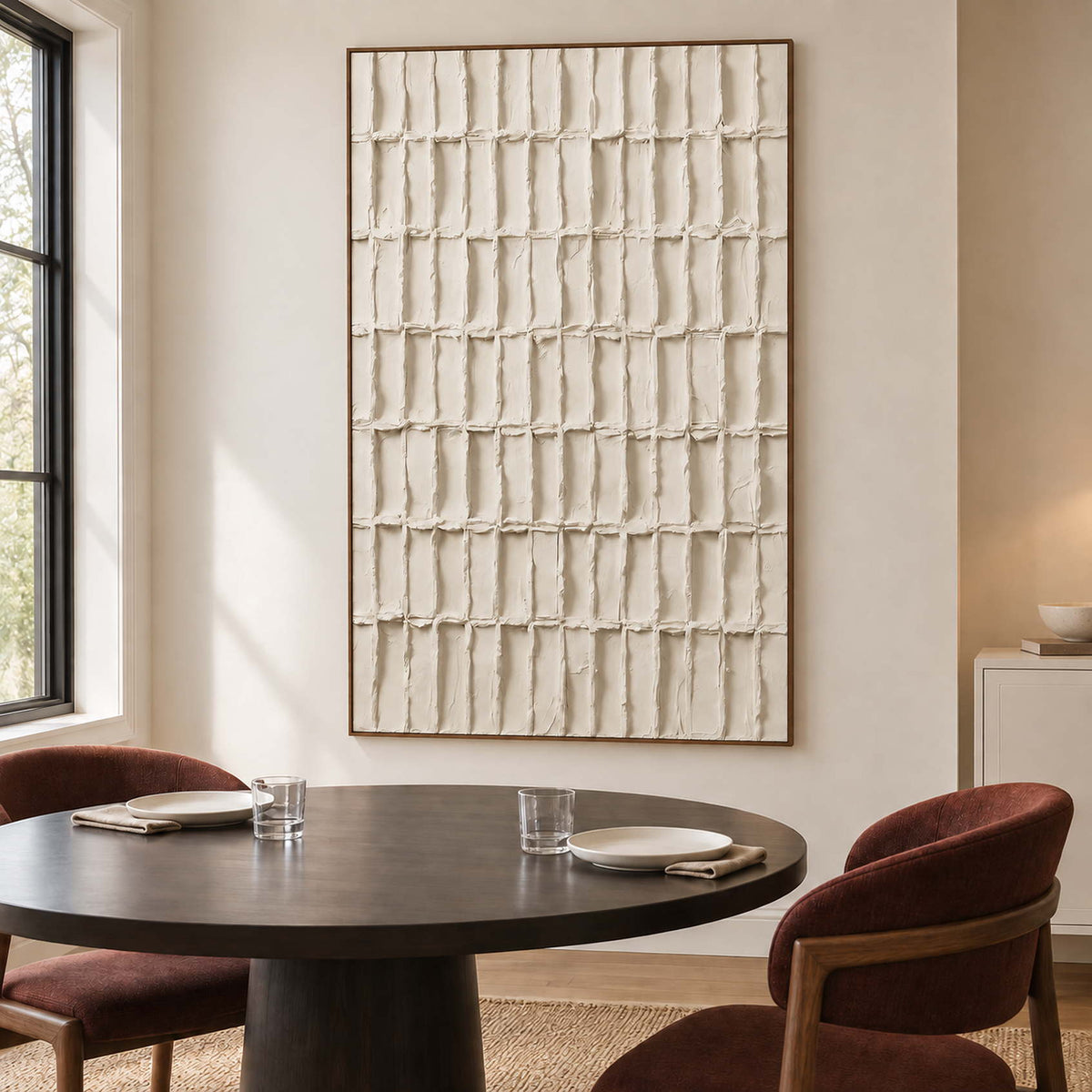 Textured rectangle artwork beside a dark round dining table.