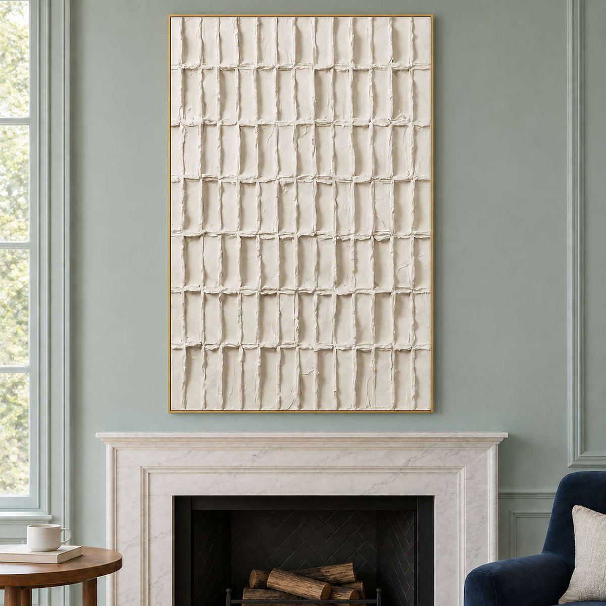 Tall ivory grid above a fireplace on a muted green wall.