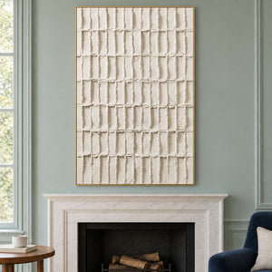 Tall ivory grid above a fireplace on a muted green wall.