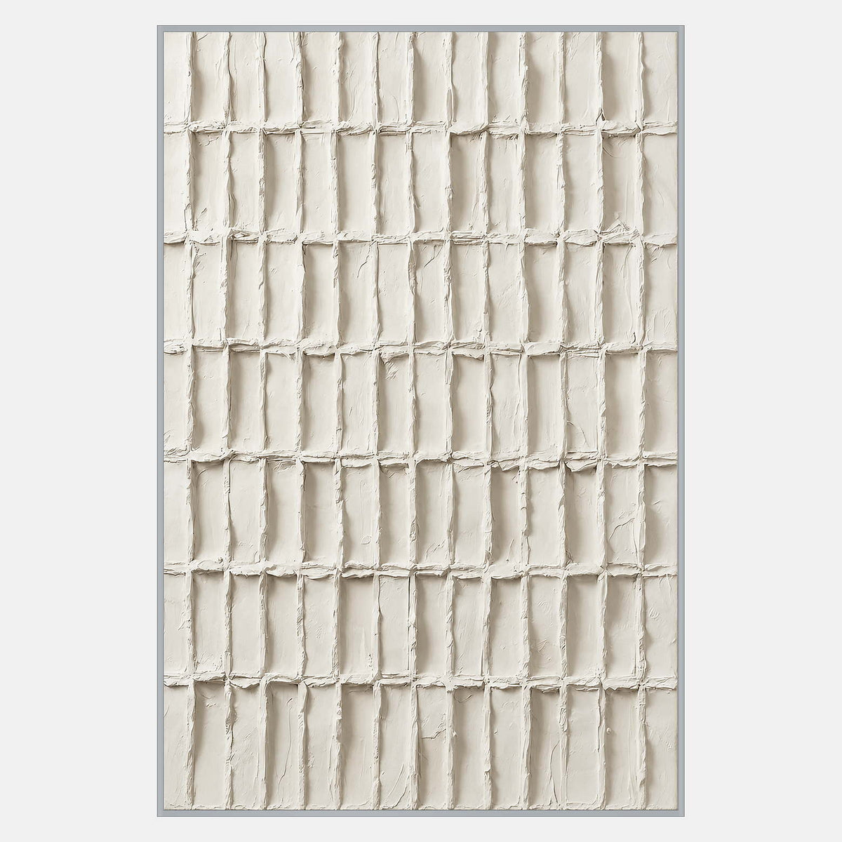 Tall ivory abstract with rows of narrow recessed rectangles and irregular raised edges.