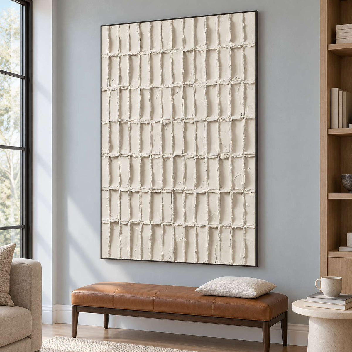 Black-framed ivory grid above a brown bench beside bookshelves.