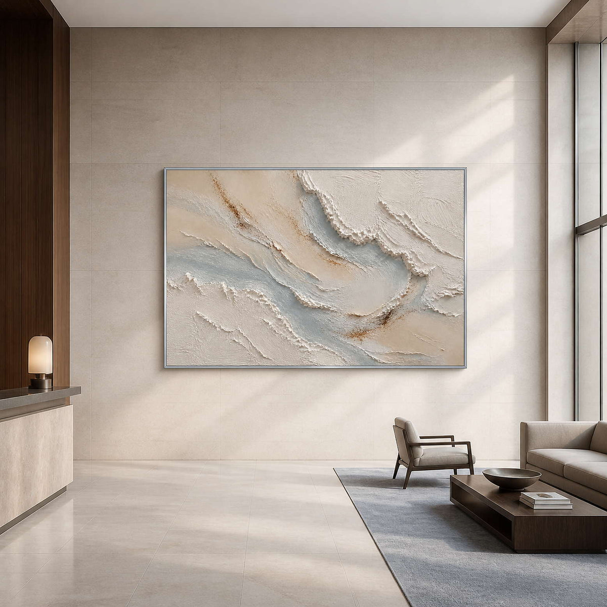 Serene textured coastal wall art displayed in an upscale hotel lobby.