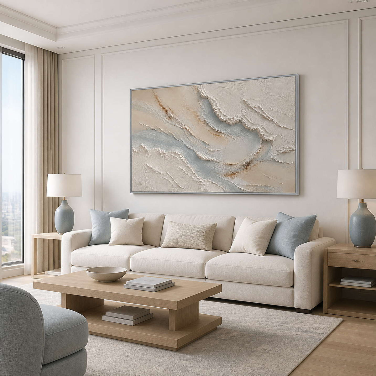 Pale Currents Cross Quiet Sand wall art in a serene living room.