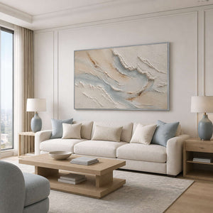 Pale Currents Cross Quiet Sand wall art in a serene living room.