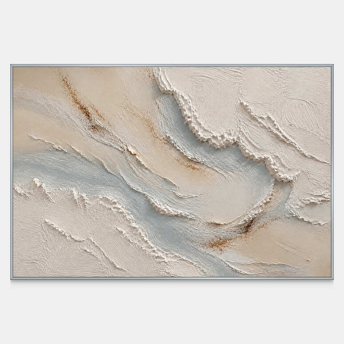 Hand-painted textured coastal wall art in ivory, misty blue, and sand.