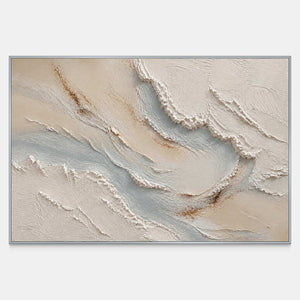 Hand-painted textured coastal wall art in ivory, misty blue, and sand.