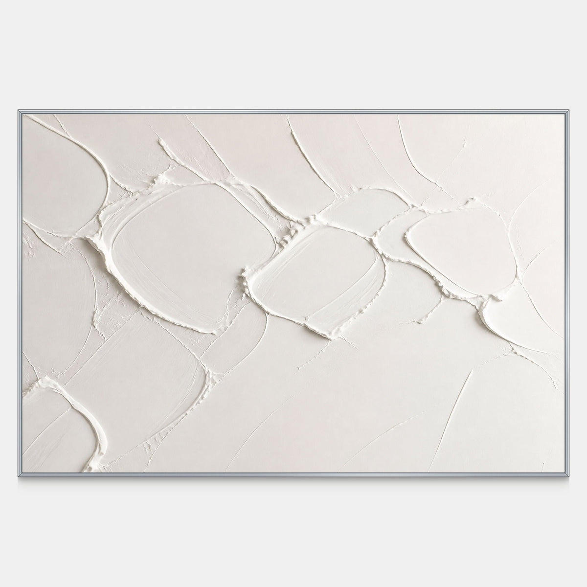 Hand-shaped horizontal Wabi Sabi wall art in chalk white, ivory, and pale mineral tones.