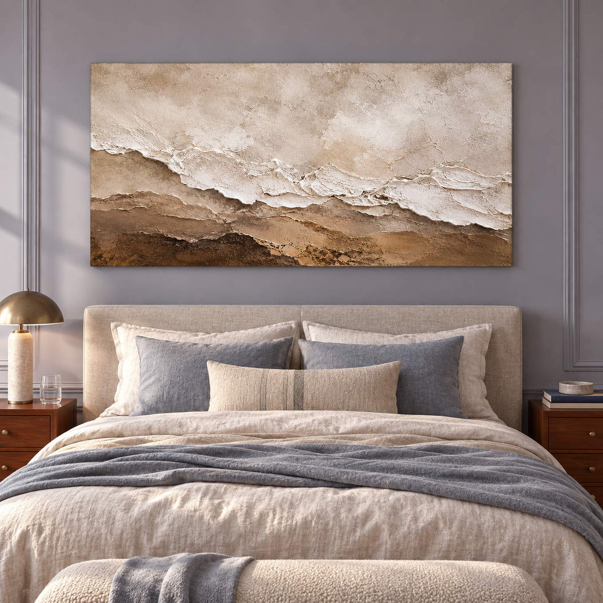 Hand-painted ivory, beige, and brown textured abstract canvas, displayed in a bedroom without an outer frame.