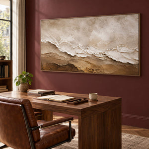 Hand-painted ivory, beige, and brown textured abstract canvas, displayed in a study in a brown wood frame.