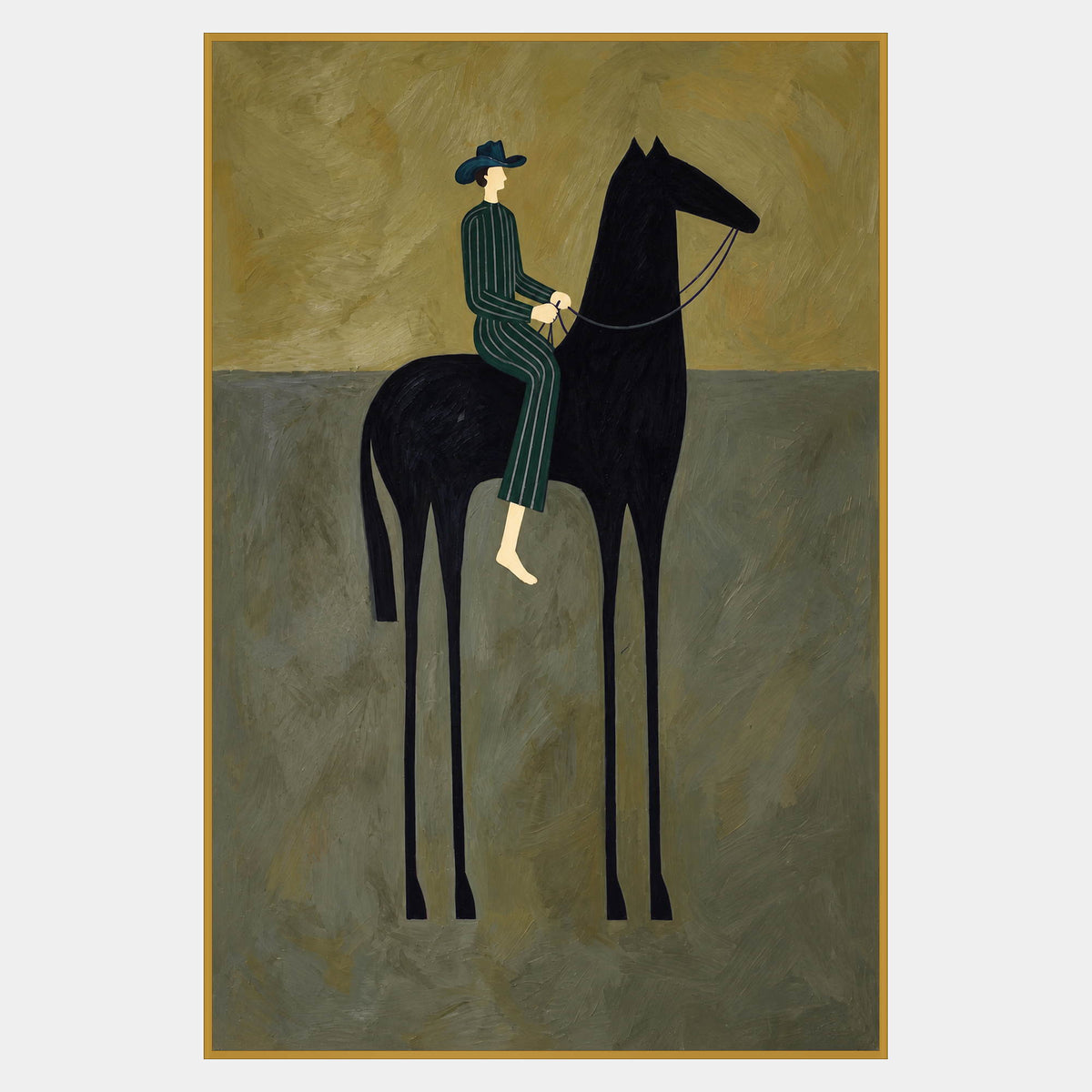 Barefoot figure in green stripes riding a right-facing black horse against ochre and gray-green.