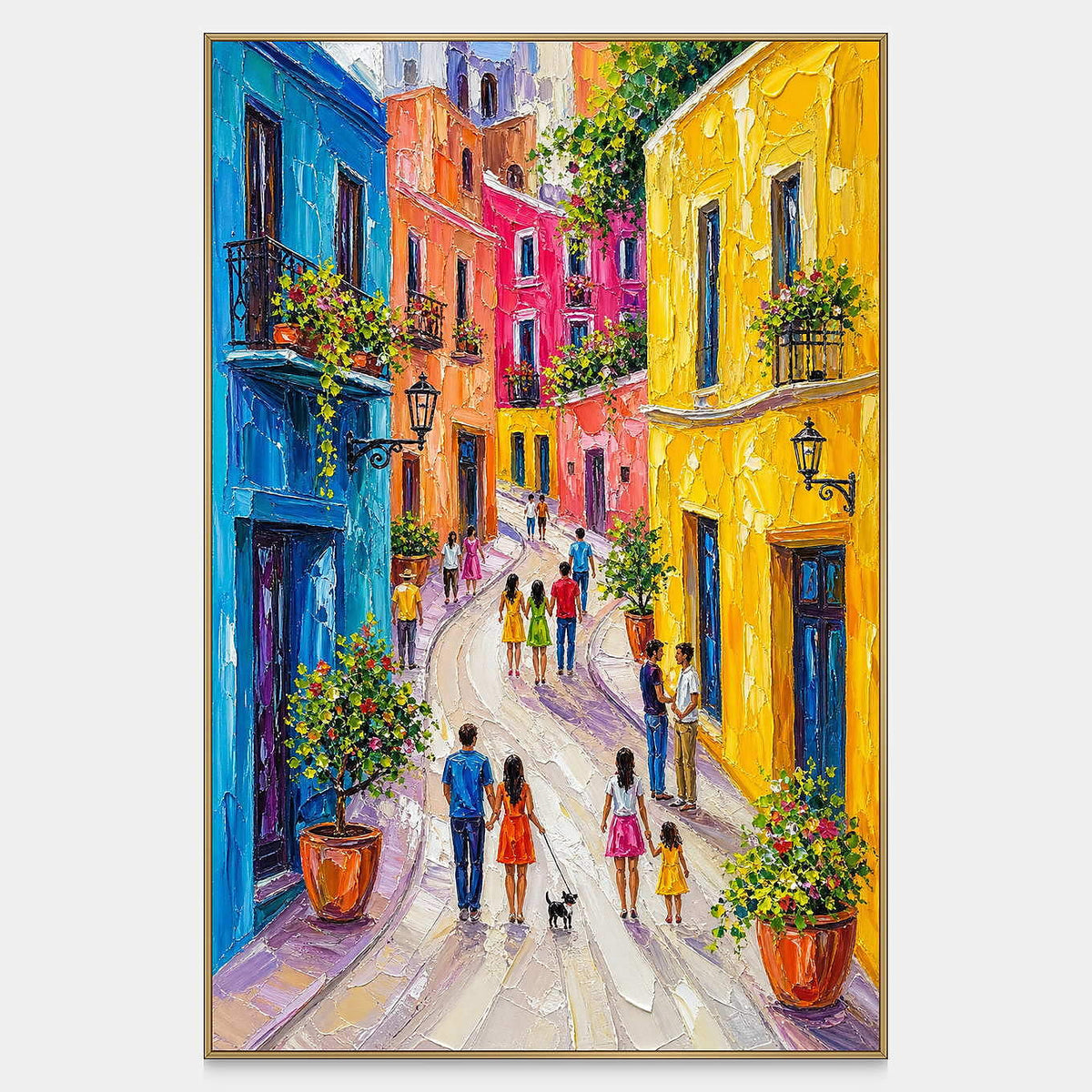 Vertical cityscape wall art of a sunlit colorful street with people and flowered balconies.