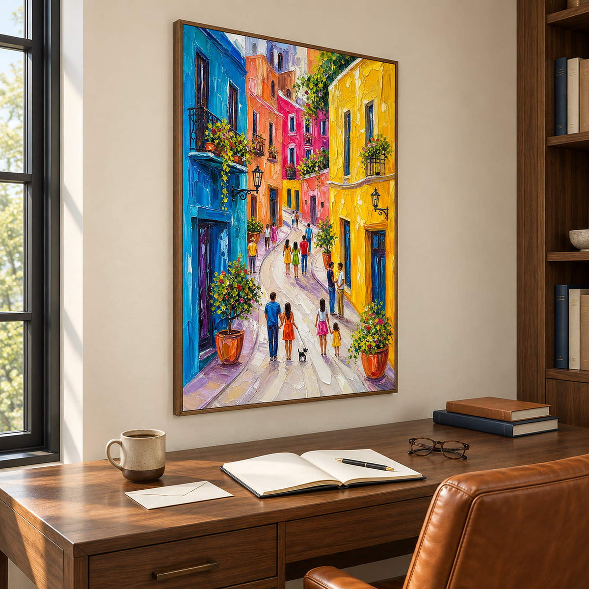 Colorful street painting with people, bright facades, and flowered balconies in a brown wood frame in a home office.