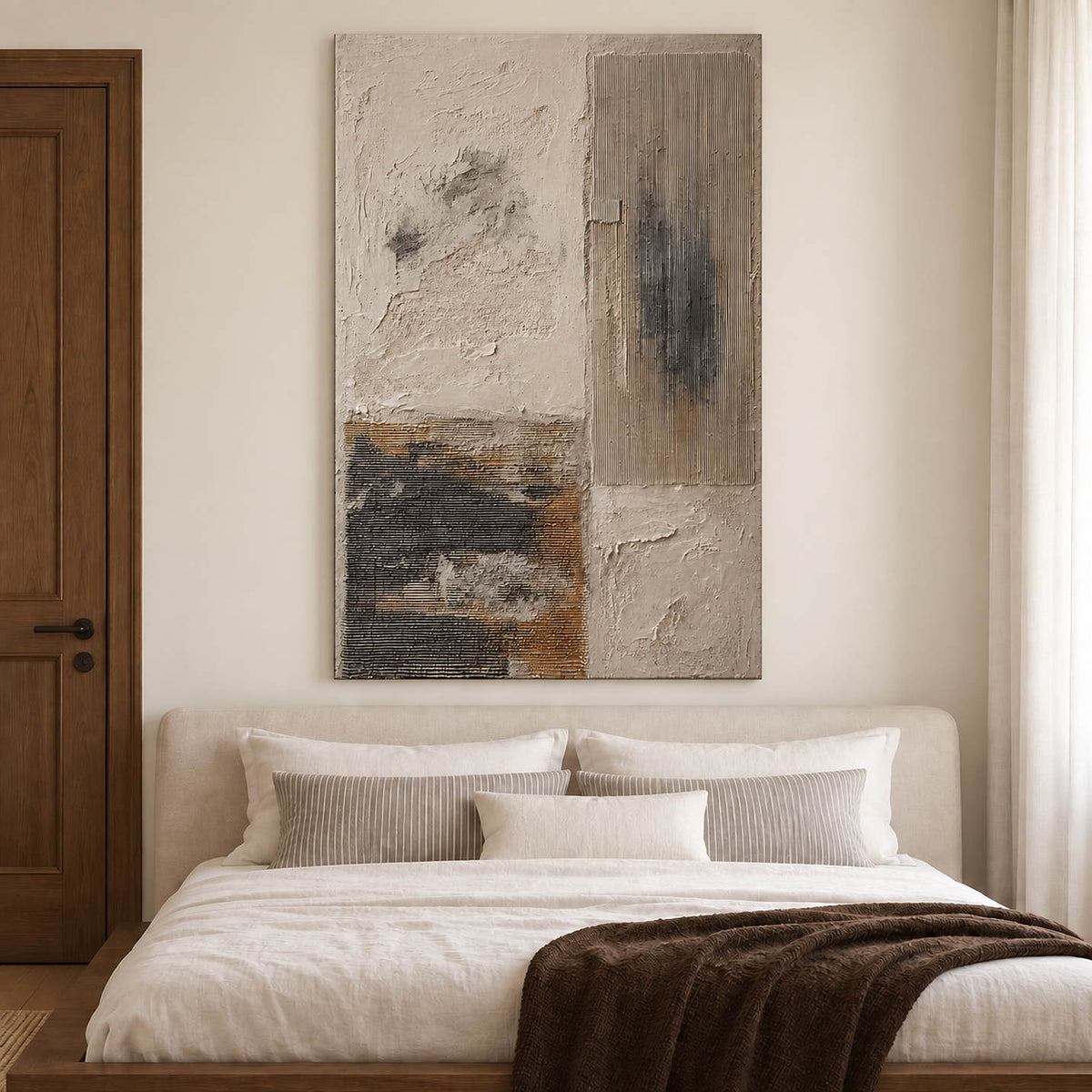 Weathered ivory and beige textures with gray blocks and dark marks without an outer frame, displayed above a bed.