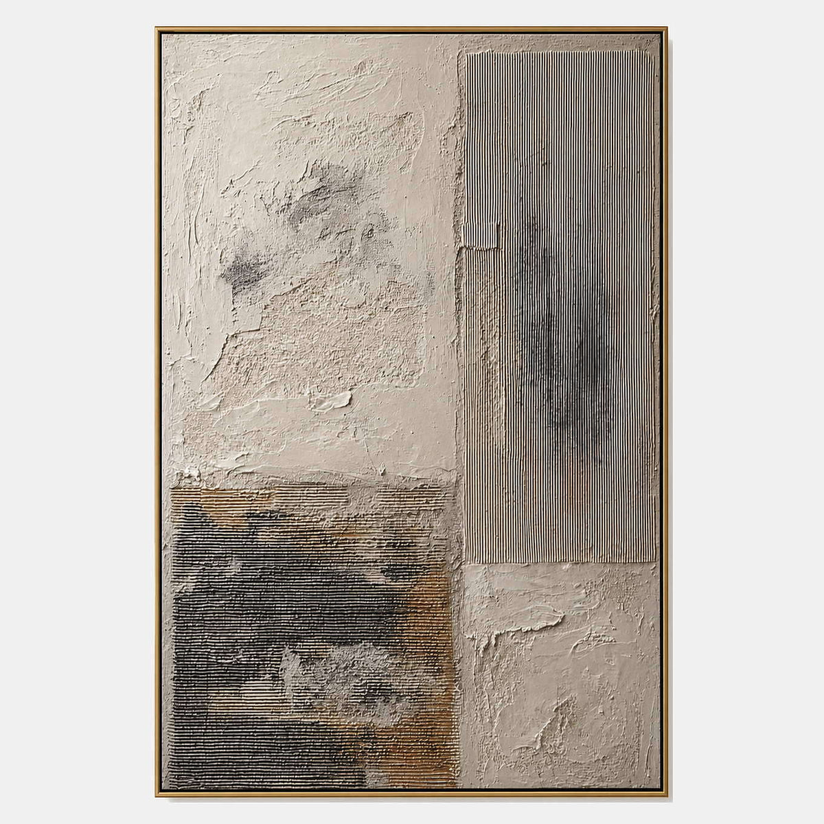 Peace after Many Years: weathered ivory and beige textures with gray blocks and dark marks, shown in a full artwork view.