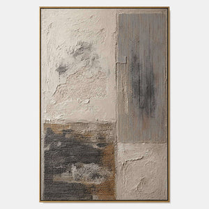 Peace after Many Years: weathered ivory and beige textures with gray blocks and dark marks, shown in a full artwork view.