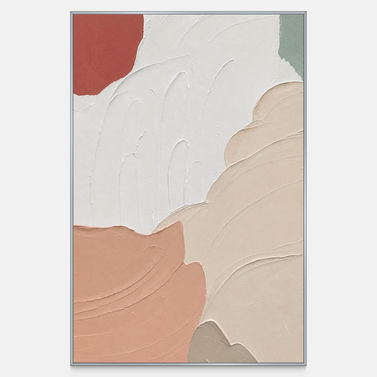 Vertical textured abstract wall art with white and peach curves, muted red, and green-gray accents.