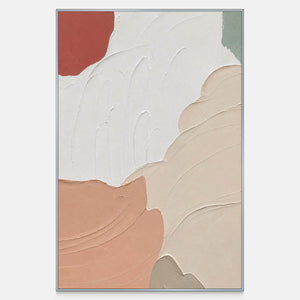 Vertical textured abstract wall art with white and peach curves, muted red, and green-gray accents.
