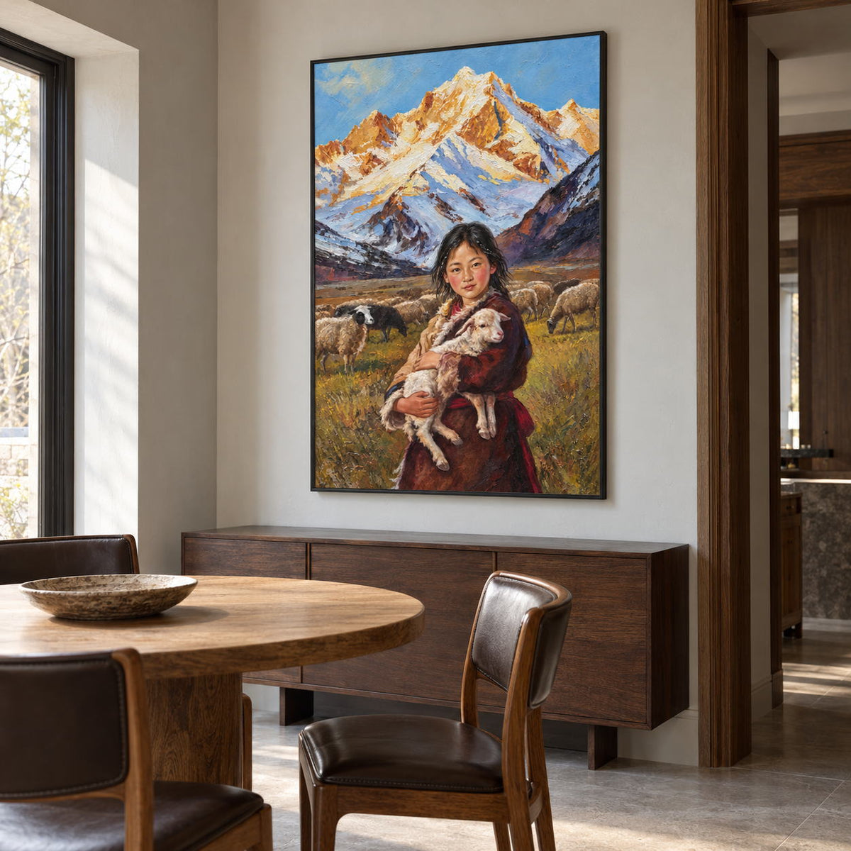 Artwork showing a person holding a sheep before grazing sheep and pale blue, white and ochre mountains in a dining area beside the table, with a black frame.